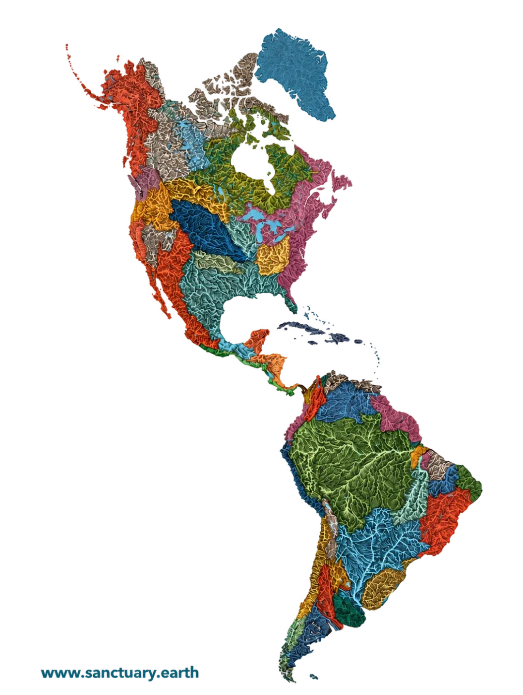 Map of the Americas divided into watershed regions